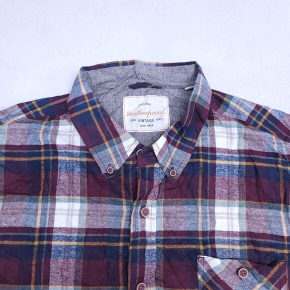 Weatherproof Madras Flannel Casual Button Up Shirt Mens Size XL Maroon Blue - Picture 1 of 10